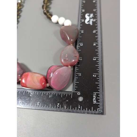 Boho Pink Agate Smokey Faceted Glass Chunky Statement Necklace 25" - Picture 12 of 12